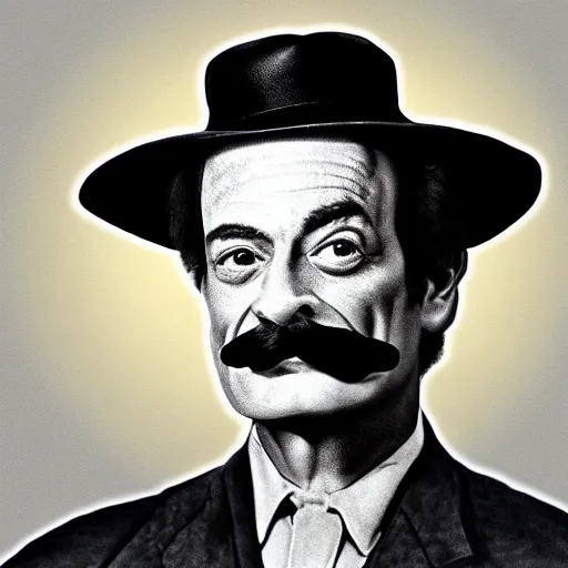 Prompt: hyper futuristic richard feynman with hat and moustache, portrait digital art 4 k masterpiece