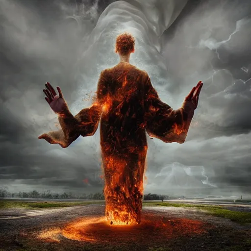 Image similar to Editorial Masterpiece extremely realistic Illusion Arcane elemental High Orders Fierce Nephilim Virtues figure infused with coalesced fantasy crystalline Magical fire by Erik Johansson, perfect crisp light