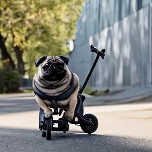 Image similar to a morbidly obese pug riding a mobility scooter, high resolution photo