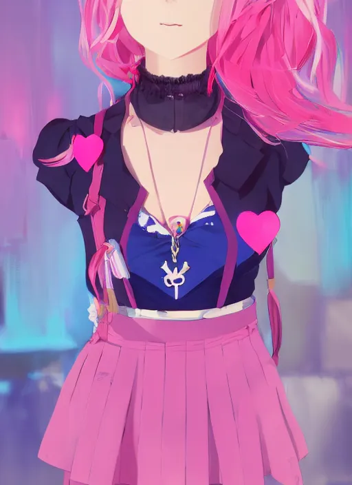 Image similar to young women, with pink hair, short black skirt, black leggings, blue shoes, cyan corset, with a cyan heart necklace. rich vivid colors, ambient lighting, dynamic lighting, 4k, official media, anime key visual, makoto shinkai, ilya kuvshinov, lois van baarle, rossdraws, detailed, trending on artstation