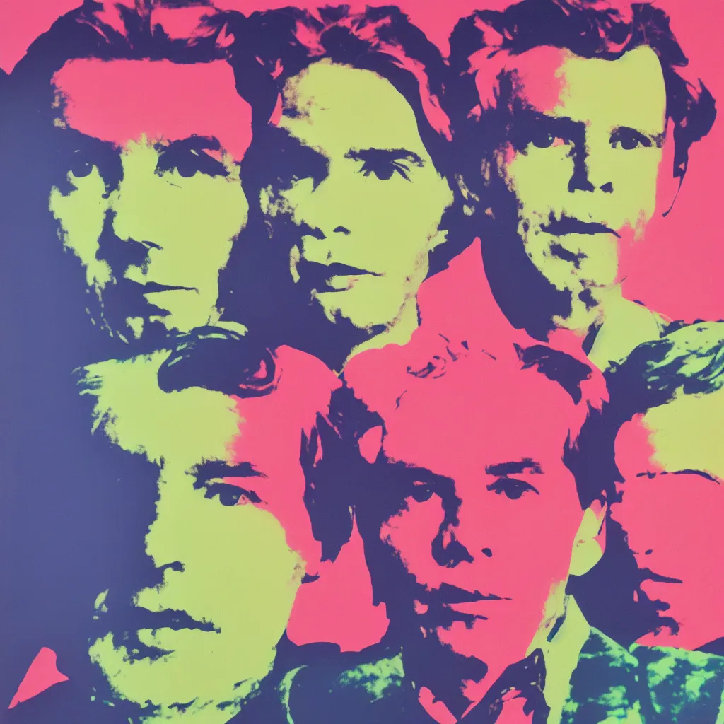 Prompt: individual silk screen portrait of jeff koons by andy warhol