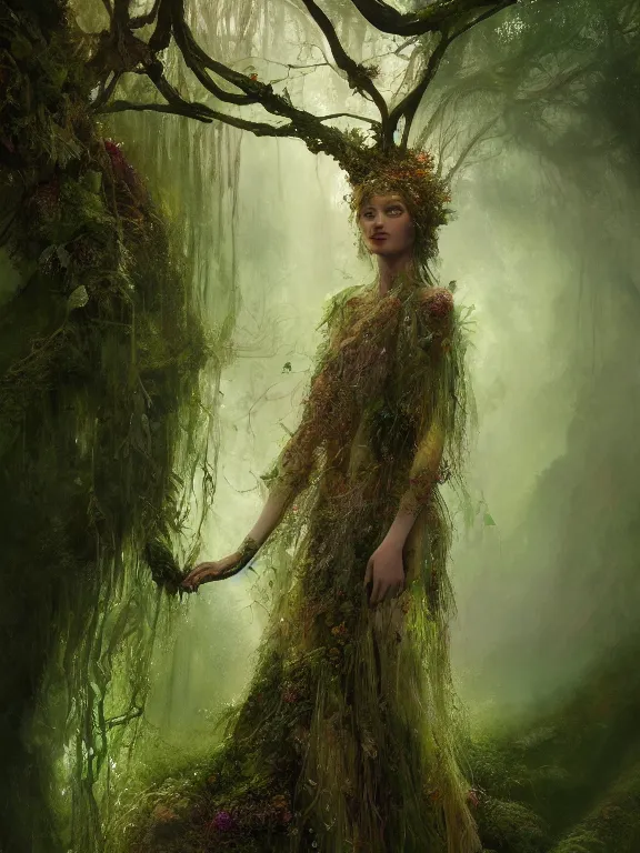 Image similar to Full View Portrait Mystical ethereal Forest deity wearing beautiful dress, vines tree bark moss Dryad made of forest beautiful dress, 4k digital masterpiece by Craig Mullins and Ruan Jia and Tom bagshaw, Alberto Seveso, fantasycore, Hyperdetailed, realistic oil on linen, soft lighting, kush background, featured on Artstation, textured, stylized, intricate details