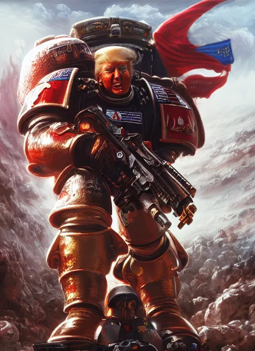 Prompt: donald trump is a space marine, hyper detailed, digital art, trending in artstation, cinematic lighting, studio quality, smooth render, unreal engine 5 rendered, octane rendered