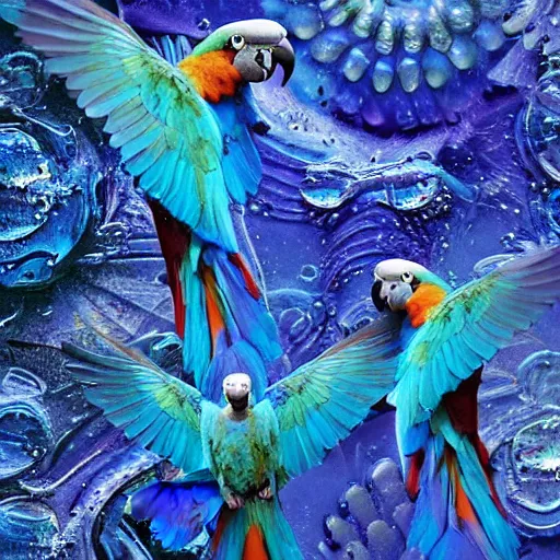 Image similar to blue parrots emerging from fluids mixing, atmospheric liquids, ornate intricate, hyper realistic, 16k, post processing, saturated blue colors, nature background