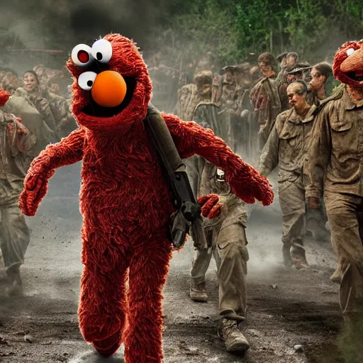 Image similar to elmo in the movie platoon 4k, high detail, high-resolution photograph, gory, war, vietnam