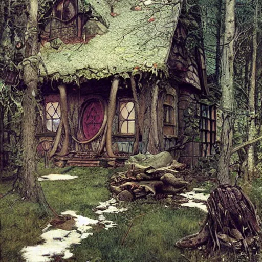 Image similar to witch cottage in the forest, art by norman rockwell and donato giancola and greg rutkowski, vintage art, realistic