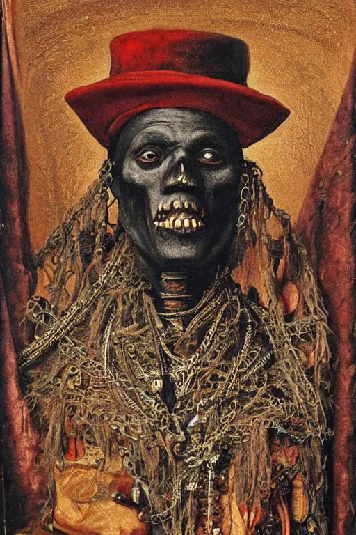Prompt: portrait of baron samedi, oil painting by jan van eyck, northern renaissance art, oil on canvas, wet - on - wet technique, realistic, expressive emotions, intricate textures, illusionistic detail