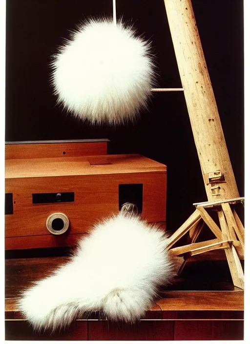 Image similar to realistic photo of a a medieval wooden astronomic archeology scientific equipment made of brushwood, with white fluffy fur, by dieter rams 1 9 9 0, life magazine reportage photo, natural colors