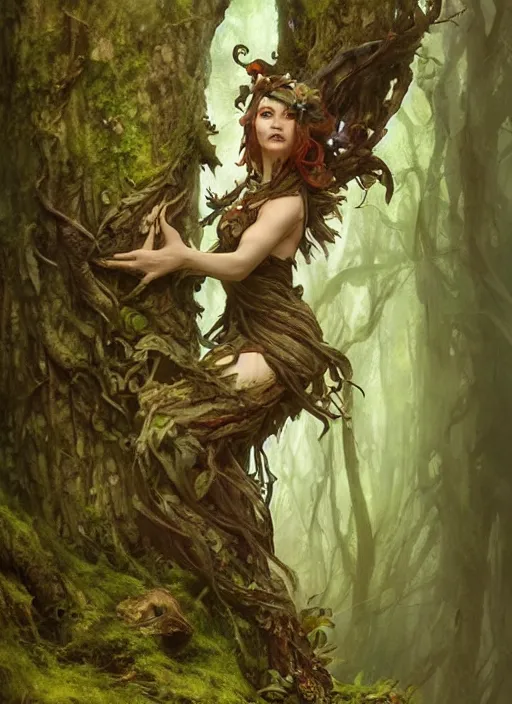Prompt: a woodland spirit made of wood and moss, growing out of the side of a tree, beautiful high quality fantasy art, trending on artstation by artgerm and greg rutkowski and alphonse mucha