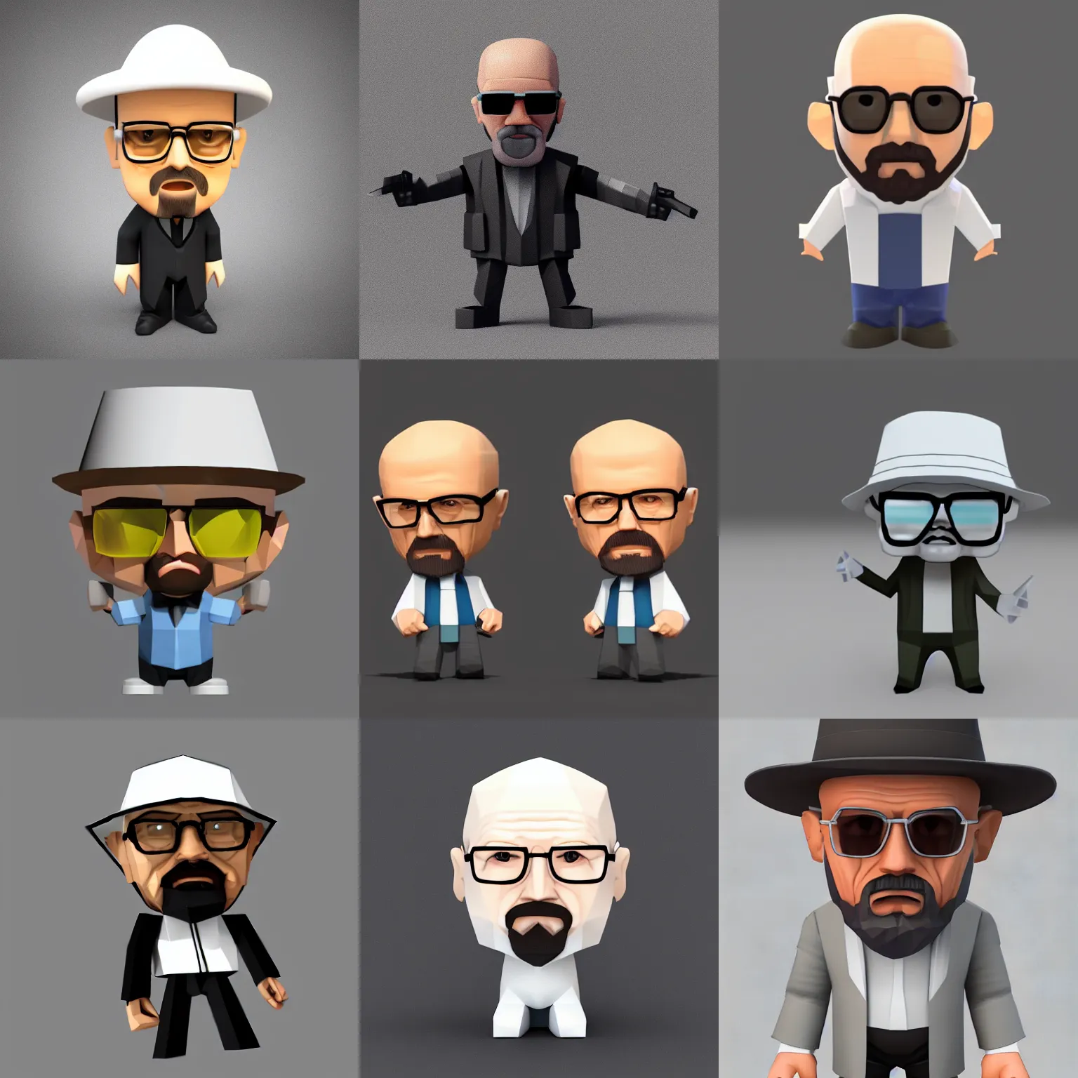 Prompt: low poly 3 d render of heisenberg in a cute chibi style, good lighting, plastic texture, white background