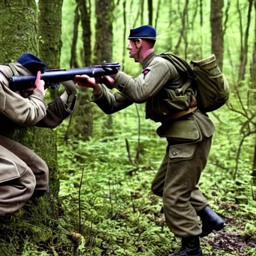 Image similar to ww 2 battlefield encounter in the woods between 2 american soldiers and a german soldier fighting for their lives