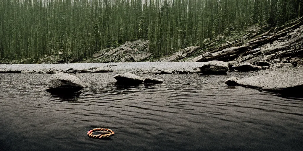 Prompt: rope in the water, in the middle of a rocky lake, eerie vibe, leica, 2 4 mm lens, cinematic screenshot from the 2 0 0 1 film directed by charlie kaufman, kodak color film stock, f / 2 2, 2 4 mm wide angle anamorphic