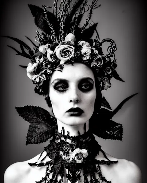 Image similar to surreal dark poetic black and white photo portrait of complex bio-mechanical beautiful young silver female vegetal-cyborg with a fur metal fine lace face, a very long neck and a fine metal floral foliage super big gothic lace collar and high floral crown by Vivienne Westwood:: smoke, high fashion, haute couture, rococo, avant-garde, dry black roses, silver filigree details, anatomical, facial muscles, cable wires, microchip, elegant, dreamy, foggy atmosphere, hyper realistic, 150 mm lens, soft rim light, octane render, unreal engine, picture was taken in 1910 by Man Ray, volumetric lighting, dramatic light,8k,