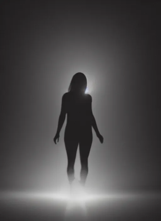 Image similar to a female silhouette, white glowing aura, diffraction grading, fog, film grain, cinematic lighting