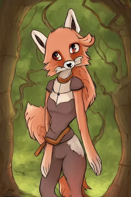 Image similar to a pretty medieval anthropomorphic fox with a fluffy tail in the forest, comic art, trending on furaffinity, cartoon, kawaii, backlighting, furry art!!!, warm shading, concept art, sunset