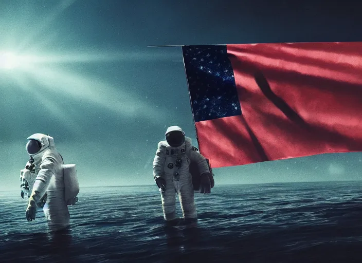 Image similar to astronaut holding a flag in an underwater desert. a submarine is visible in the distance. dark, concept art, cinematic, dramatic, atmospheric, 8 k, trending on artstation, blue, fish, low visibility, fog, ocean floor, christopher nolan, interstellar