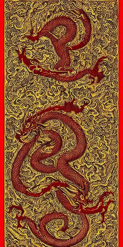 Image similar to golden paper + an intricate dragon depiction + symmetry + elaborate red illustration