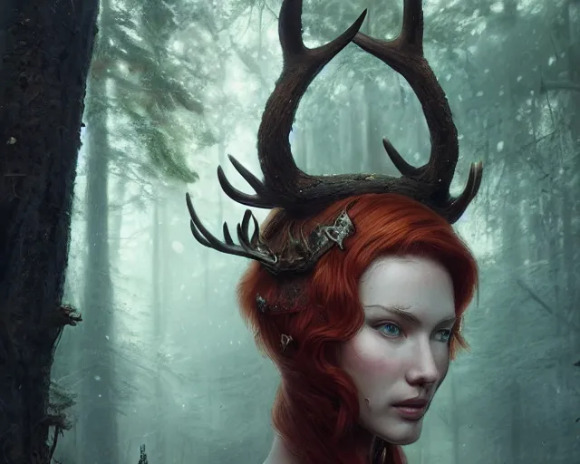 Image similar to 5 5 mm portrait photo of an armored gorgeous aesthetic redhead woman warrior with a face tattoo and antlers growing from her head and cat on her shoulder, in a magical forest. art by greg rutkowski. highly detailed 8 k. intricate. lifelike. soft light. nikon d 8 5 0.