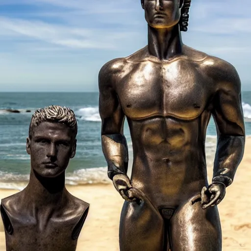 Image similar to a realistic detailed photo of a guy who is an attractive humanoid who is half robot and half humanoid, who is a male android, football player christian mccaffrey, shiny skin, posing like a statue, blank stare, by the beach, on display