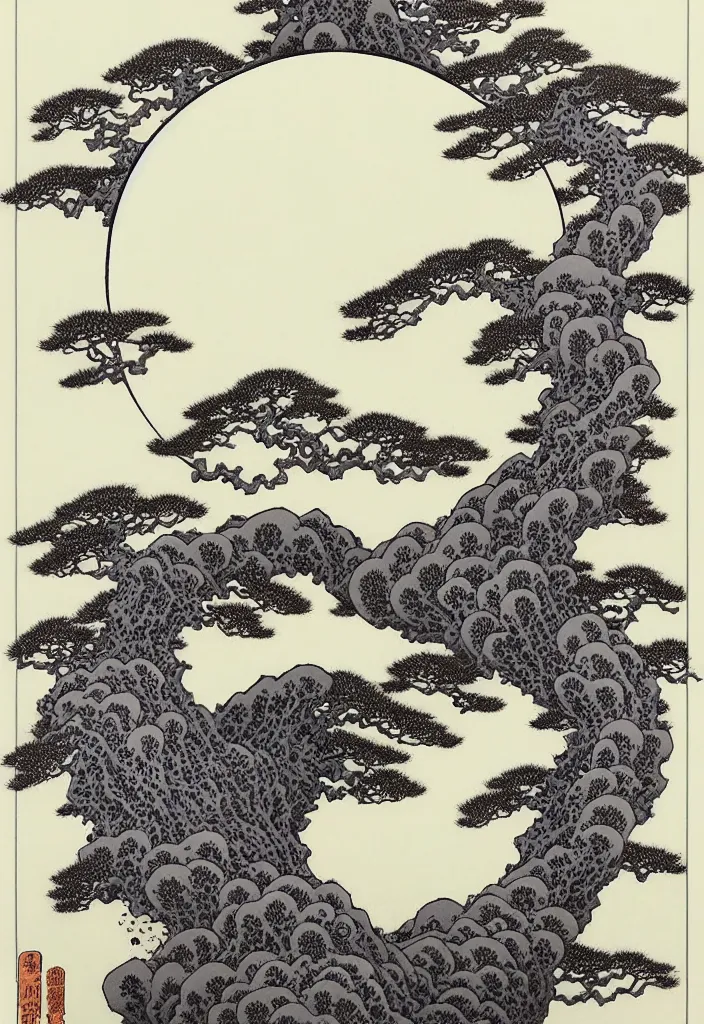 Image similar to prompt: weird white Bonsai tree holding and merging into big moon drawn by Takato Yamamoto, Japanese woodblock print style of Hokusai, white moon, clean ink detailed line drawing, intricate detail, manga 1990