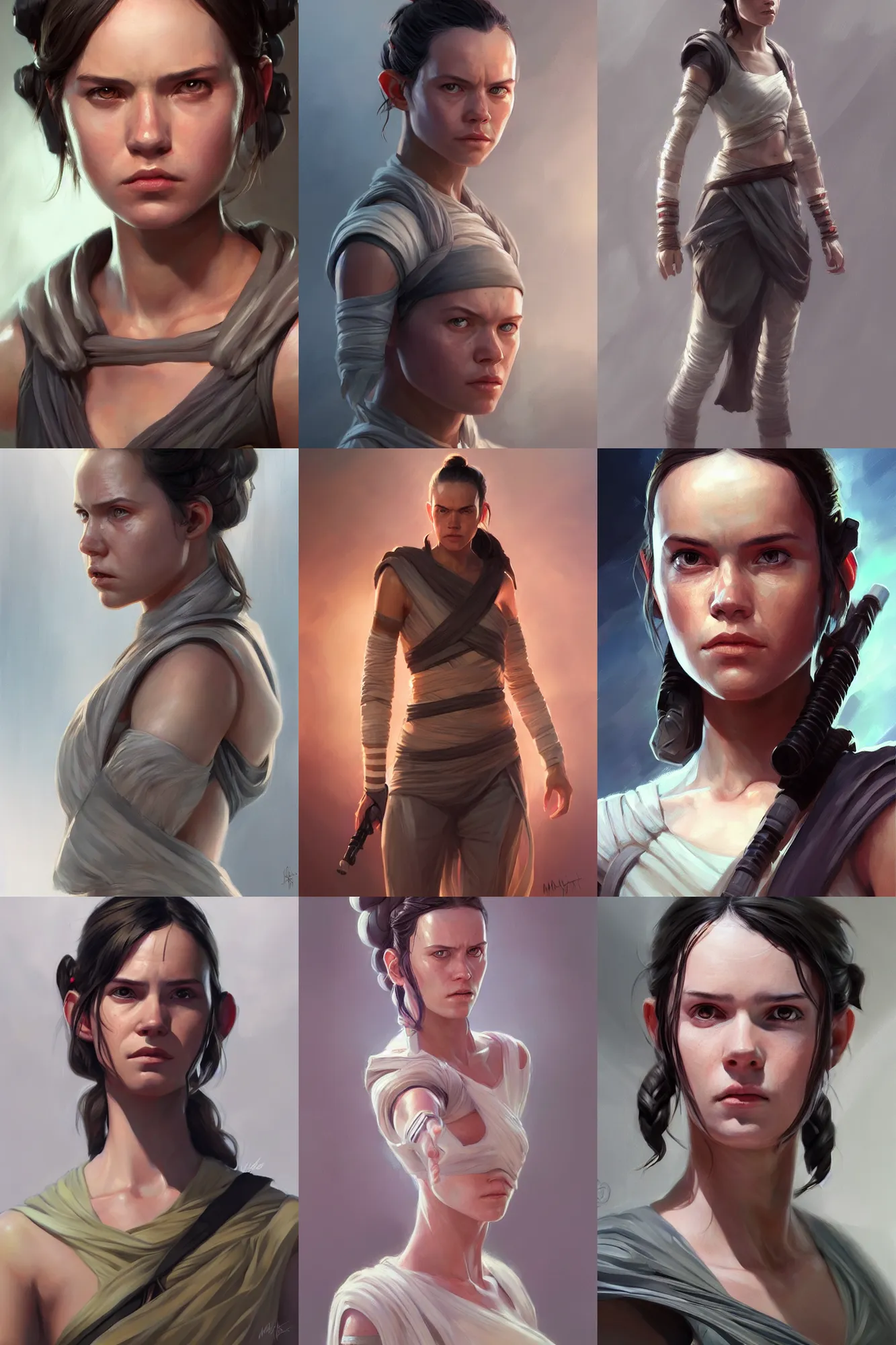 Prompt: full length portrait of rey skywalker by mandy jurgens, highly detailed, portrait, scifi, digital painting, artstation, concept art, smooth, sharp focc