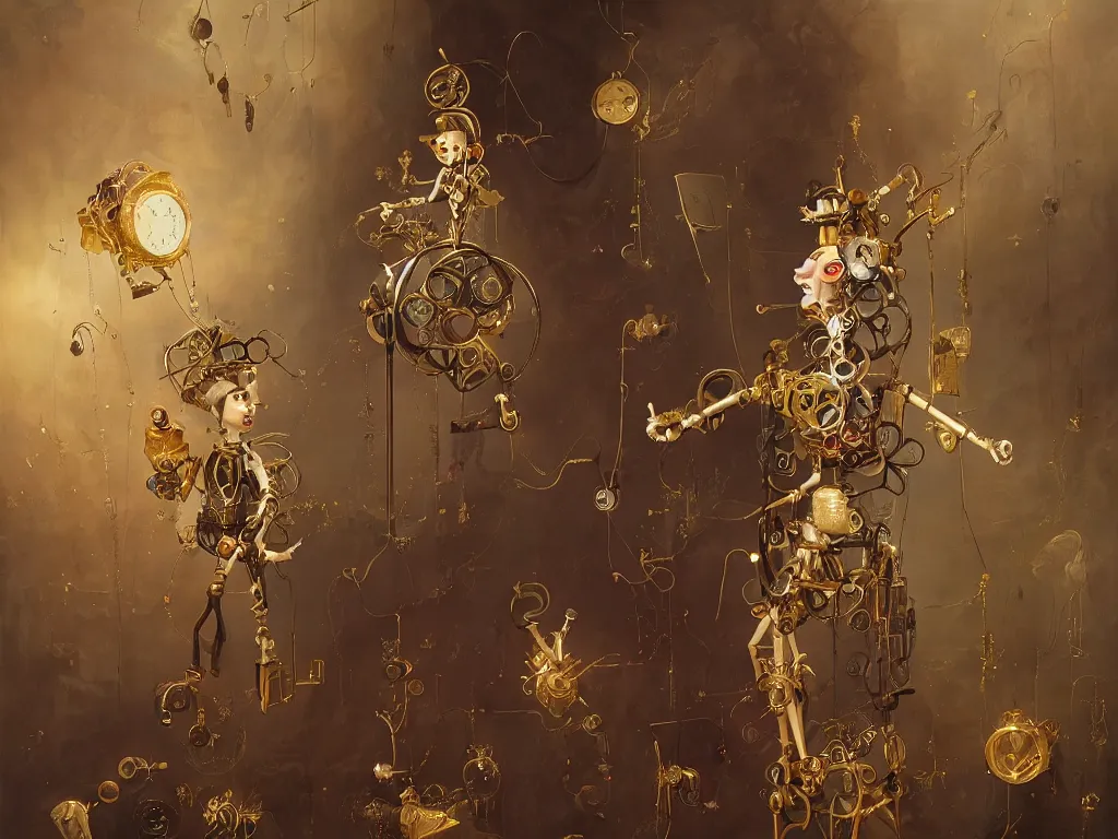 Image similar to a clockwork marionette made of fabric and gold by peter mohrbacher, photorealistic, puppet, strings, 8 k