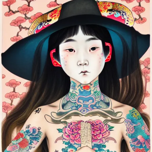 Prompt: full view of a girl from the qing dynasty with tattoos, wearing a cowboy hat, style of yoshii chie and hikari shimoda and martine johanna, highly detailed