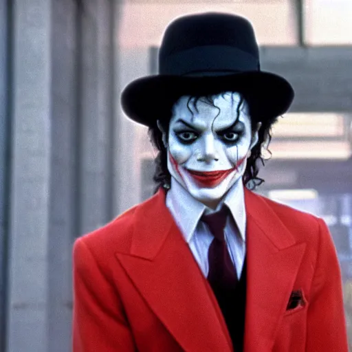 Image similar to a film still of Michael Jackson starring as The Joker, 40mm lens, shallow depth of field, split lighting, cinematic