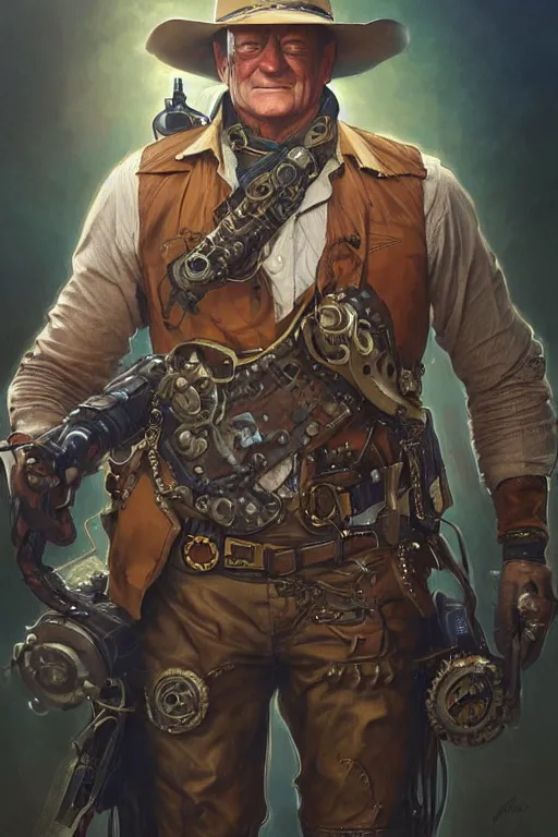 Image similar to john wayne as a steampunk cyborg gunslinger, portrait, western, duster, fantasy, intricate, elegant, highly detailed, digital painting, artstation, concept art, sharp focus, illustration, art by artgerm and greg rutkowski and alphonse mucha