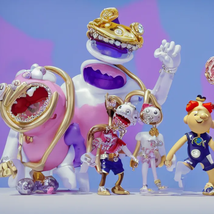 Image similar to jeff koons hip hop bauhaus style street sharks sailor moon wearing diamond grillz and a ton of bussdown iced gold bling in wallace & gromit strata - cut claymation, ultra realistic, concept art, intricate details, serious, highly detailed, photorealistic, octane render, 8 k, unreal engine