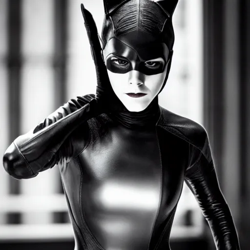 Image similar to Emma Watson as Catwoman, XF IQ4, f/1.4, ISO 200, 1/160s, UHD, crisp, Sense of Depth, Depth Layering, AI enhanced, HDR, in-frame