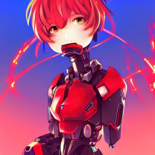 Prompt: digital anime art. full body. cute girl red mech arms and mech legs. blue eyes. gold short hair. wlop, rossdraws, sakimimichan