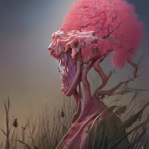 Image similar to a beautiful nature portrait of a p - zombie!!! natural lighting art dawn. highly detailed. colourful. moody. artstation, 4 k, by gerald brom zdzisław beksinski, and ansel adams and studio ghibli, horror, lots of sakura flowers, lovely