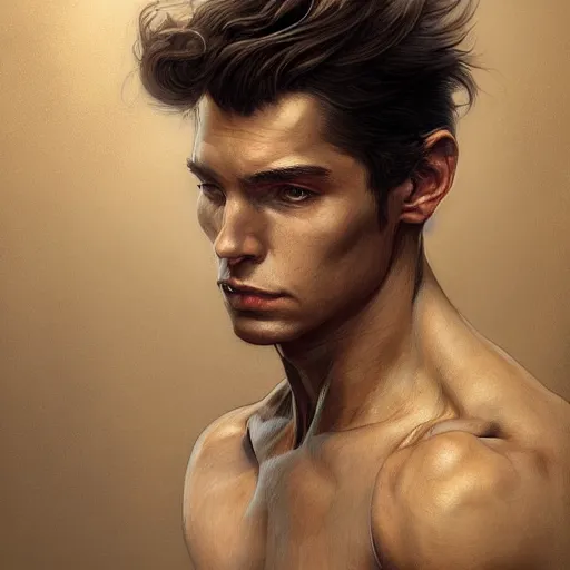 Image similar to portrait of jean baudrillard, soft hair, muscular, half body, leather, d & d, fantasy, intricate, elegant, highly detailed, digital painting, artstation, concept art, smooth, sharp focus, illustration, art by artgerm and greg rutkowski and alphonse mucha