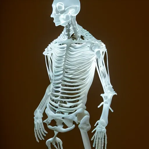 Image similar to translucent skin over a bone and wire man, moody, backlighting, hi res photoreal, dramatic baroque