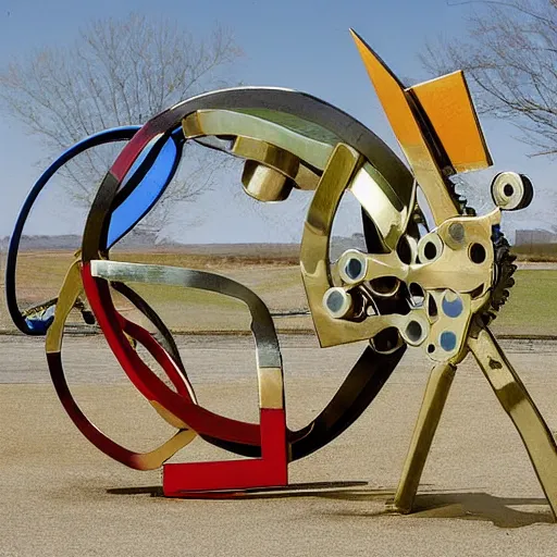 Prompt: chain and sprockets. mecha. by arthur ganson, acrylic, brass sheet, electric motors, by alexander calder, a giant mechanical kinetic sculpture made of painted wood blocks, marbles, steel wire, by claes oldenburg. outdoor photograph.