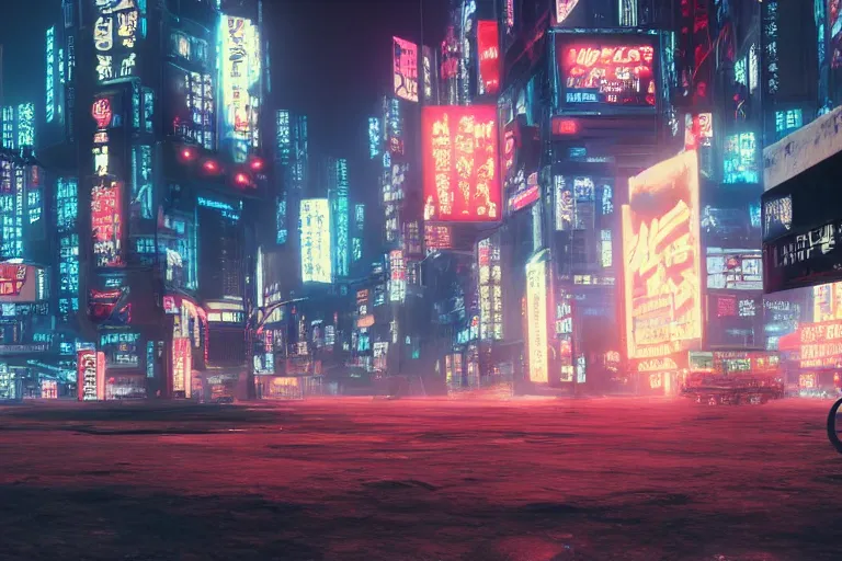 Prompt: 3d render of Akira movie, in front of a dilapidated advanced cyberpunk city at night, lit up by the streetlights and electronic billboards, 4k, Unreal Engine, octane render