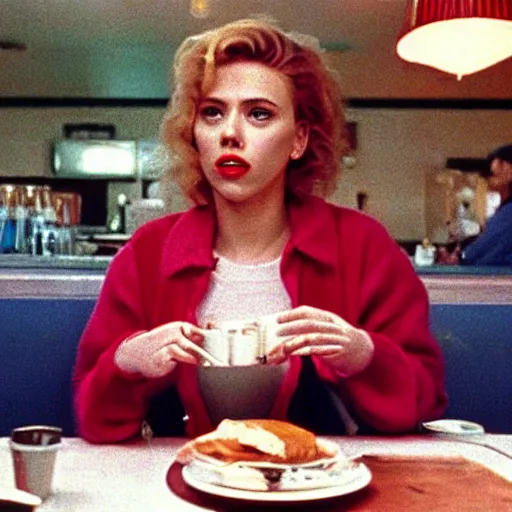 Prompt: a still of Scarlett Johansson at the diner in Twin Peaks (1990)