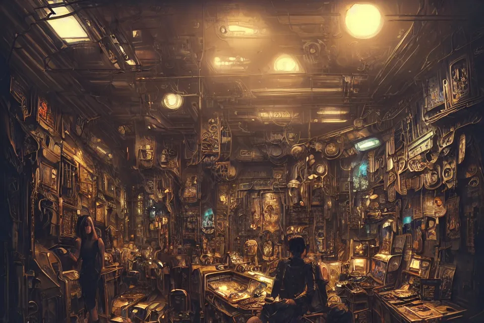 Prompt: masterpiece concept art, a beautiful highly detailed steampunk sci - fi cyberpunk art bazaar, miscellaneous art shoppe stall, artist of 2 2 nd century, interior of cyberpunk bazaar, cinematic moody colors, welcome to the shop, realistic shaded lighting poster by ilya kuvshinov, magali villeneuve, artgerm, jeremy lipkin and michael garmash and rob rey,