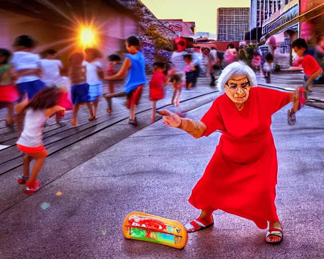 Prompt: Hispanic Granny In A Red MuMu Throwing A Slide Sandal At A Bunch Of Kids Running Away From Her, Anime Style, Manga Style, 8K, HDR, San Antonio Texas Cityscape Sunset, HDR, volumetric lighting, Hyperrealistic-H 960