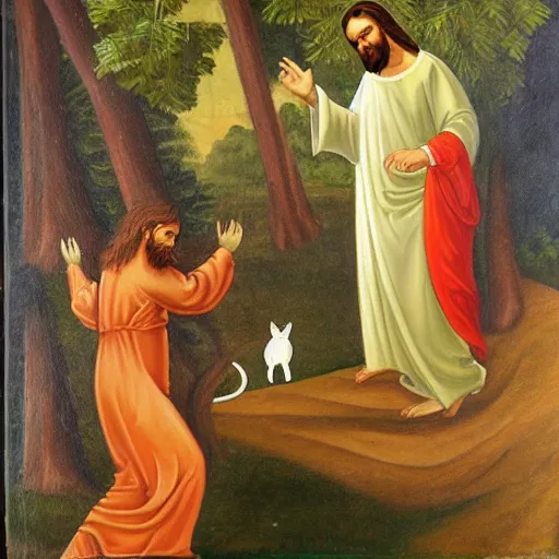 Prompt: jesus comes down to earth to slap a cat off of a tall tree, religious painting, oil painting