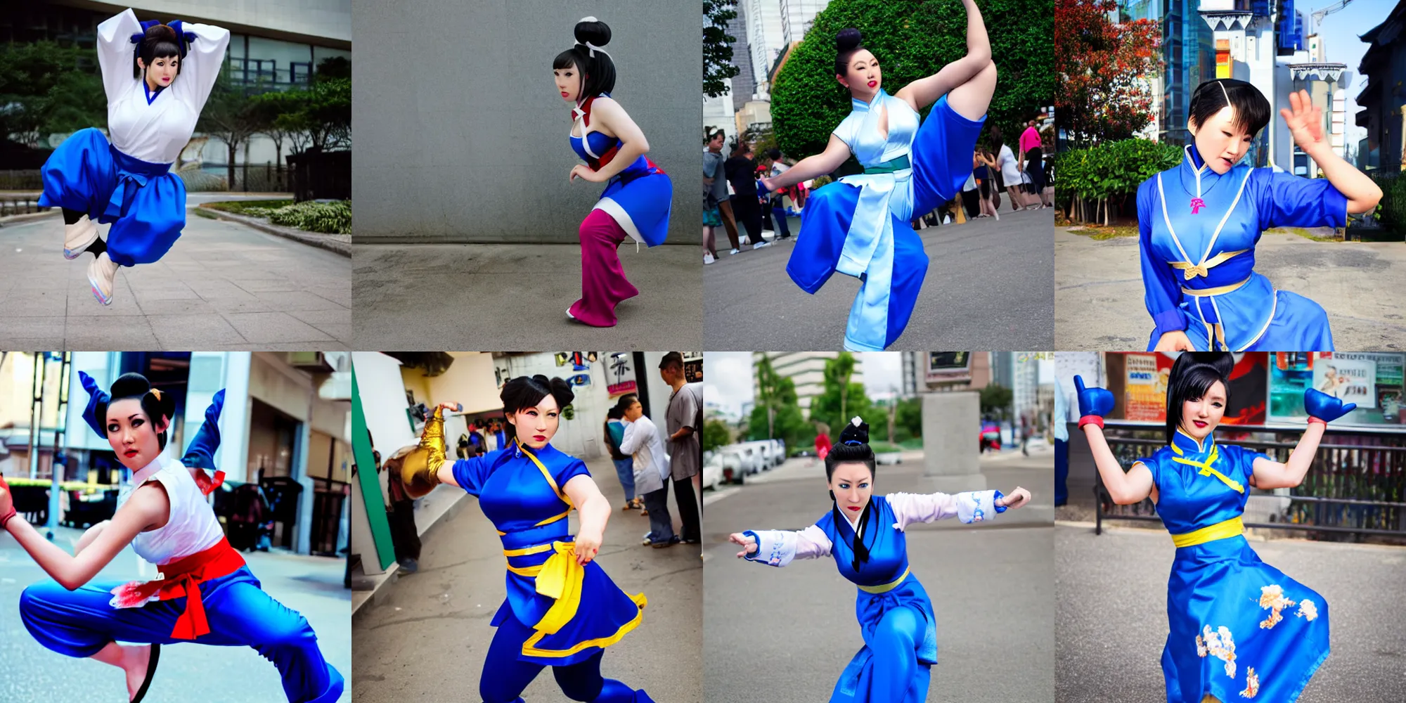 Prompt: chun - li cosplayer, in a blue qipao, standing, doing a kick, street fighter