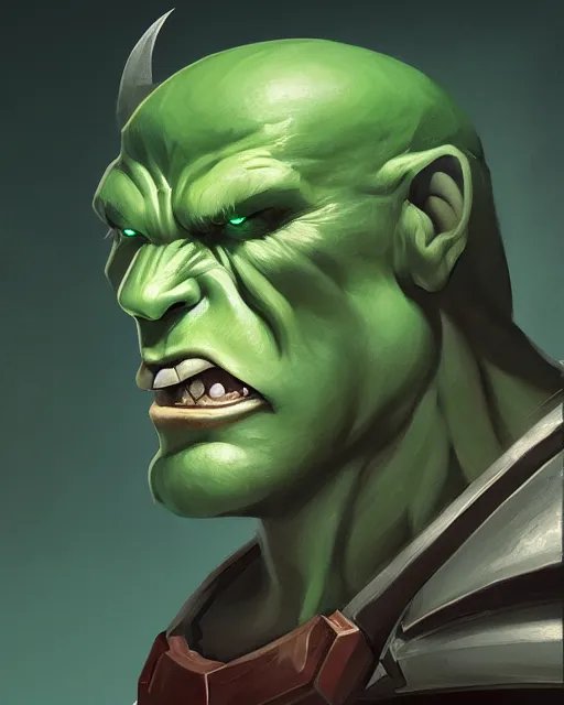 Image similar to « a portrait of a muscular green orc, a character portrait by paul kelpe, reddit contest winner, sots art, ilya kuvshinov, 2 d game art, parallax »