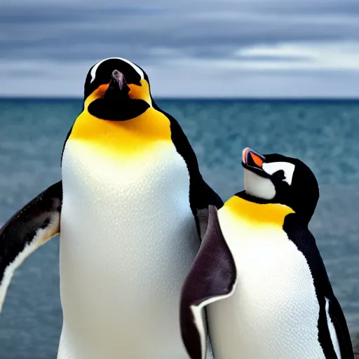 Prompt: two penguins taking a selfie and smiling