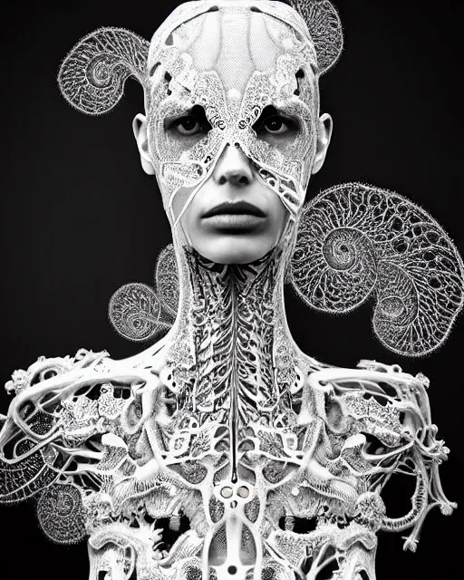 Image similar to surreal black and white photo portrait of complex bio-mechanical beautiful young female vegetal-cyborg with a Mandelbrot fractal steampunk metal fine lace face, a very long neck and a fine metal floral foliage super big lace collar by Alexander McQueen:: smoke, high fashion, haute couture, rococo, steampunk, silver filigree details, anatomical, facial muscles, cable wires, microchip, elegant, dreamy, foggy atmosphere, hyper realistic, 150 mm lens, soft rim light, octane render, unreal engine, picture was taken in 1910 by Man Ray, volumetric lighting, dramatic light,8k,