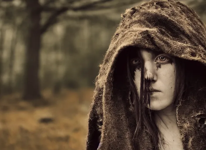 Prompt: character and environment photography, portrait 2 0 - year - old female druid, tattered hood and robe, infested bear standing, medium shot, wide angle, 2 0 0 px, low key