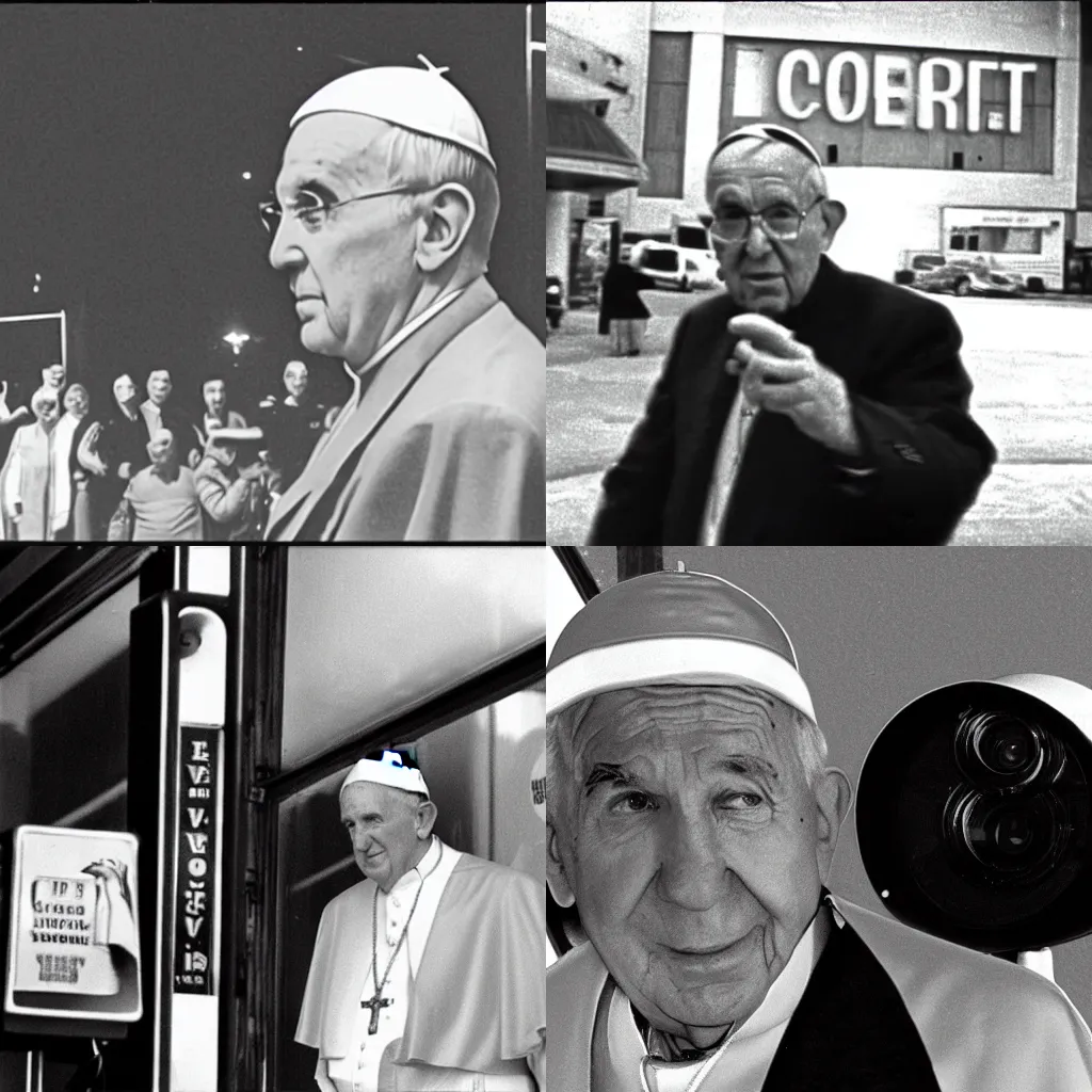 Prompt: security camera footage of pope john paul spotted on CCTV outside of a neon vegas strip club, high exposure, dark, monochrome, camera, grainy, DSLR, security camera footage