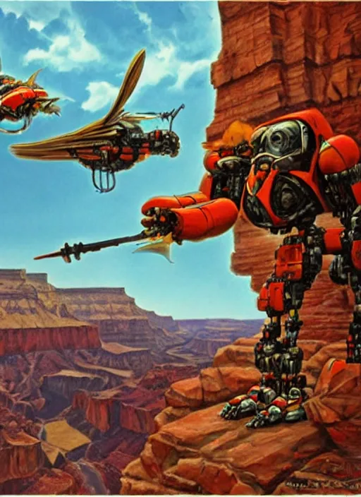 Image similar to realistic physically based rendering of a giant mechanical robot wasp at the grand canyon by jack kirby!!! and simon bisley, epic, awesome trendy color palette, cinematic, diorama