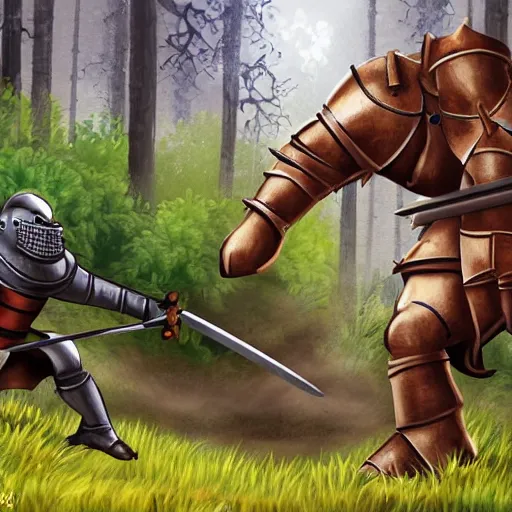 Prompt: A medieval knight fighting an ogre in the forest, realistic illustration