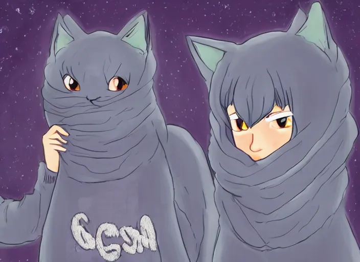 Prompt: Russian Blue catgirl wearing a thick sweater to protect herself from harsh Russian winter.